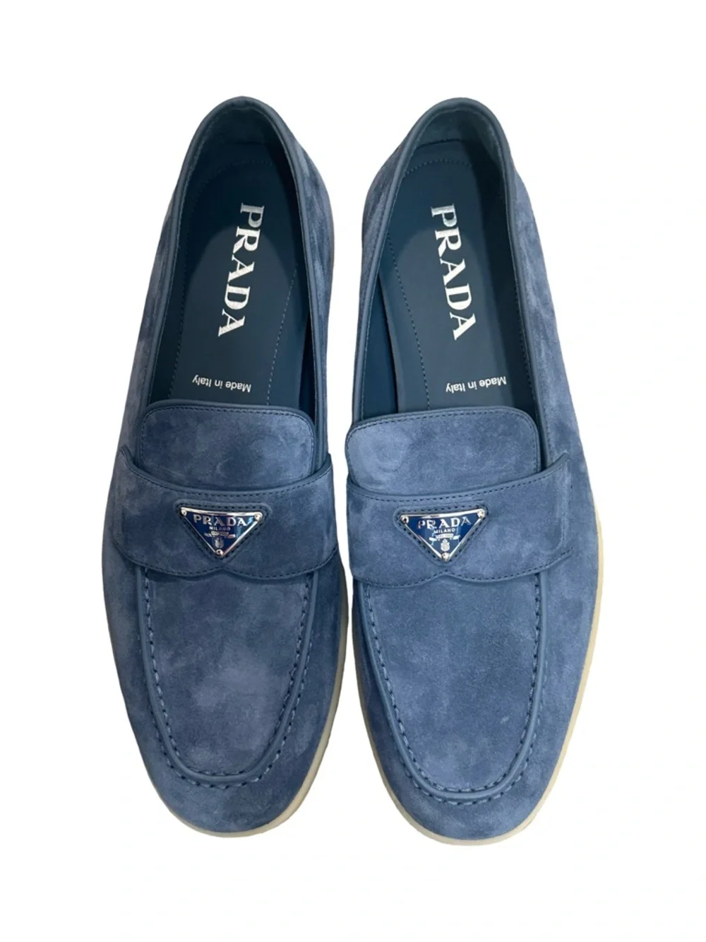 NWOT Prada Men’s Size 7.5 Imperial Blue Logo-Plaque Suede Loafers - Picture 2 of 4